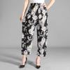 Women Summer Ice Silk Floral Printed Wide Leg Pants Elastic High Waist Casual Loose Cropped Pants
