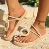 Fashion Summer New Flat Sandals Women Fashion Round Head Open Toe Thin with Rattan Grass Sole Anti-slip Wear-resistant Slippers