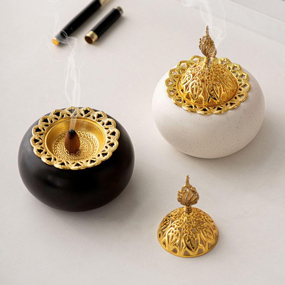Ceramic Incense Burner Golden Lid Incense Burning Tray Portable Aromatherapy Censer Living Room