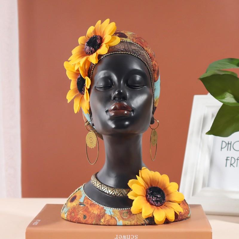 African Sunflower Girl Resin Sculpture Decorative Figurine Handmade Ethnic Woman Art Statue Home Office Decor