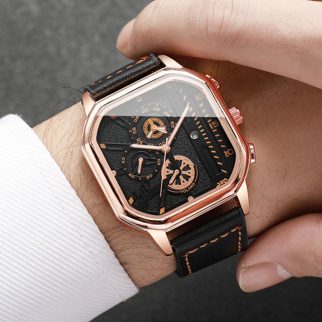 2PCS/Set Men Business Watches Fashion Square Quartz Watch With Calendar for Mens Clock Reloj Hombre