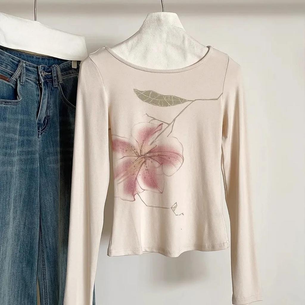 Женская футболка Y2K Fairycore с длинным рукавом и цветочным графическим принтом