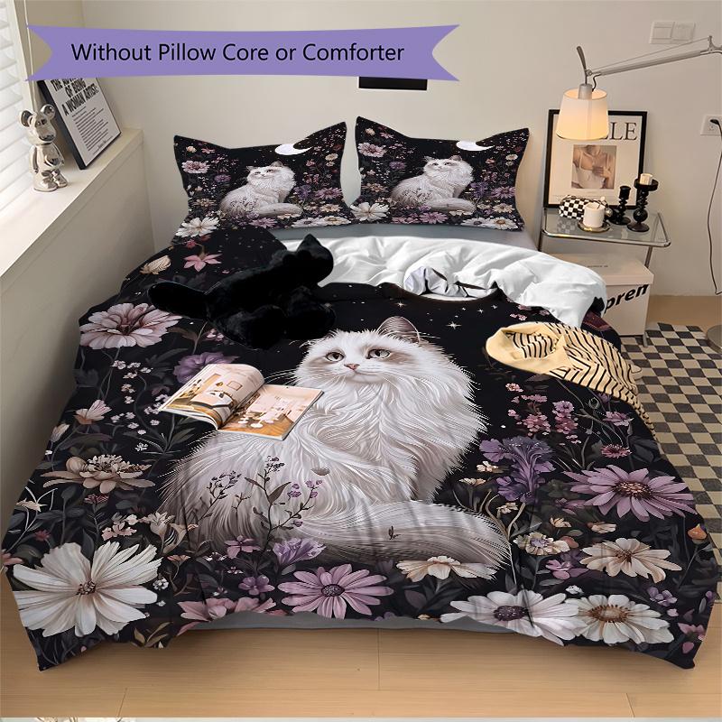 3pcs Starry Sky and White Cat Printed Duvet Cover Set (1 * Cover+2 * Pillowcase, Without Core), Suitable for Home Bedroom, Guest Room, Dormitory