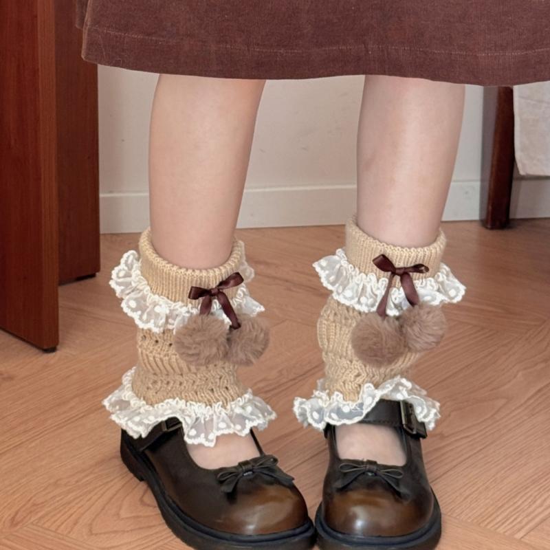 Fashionable Plush Balls Bows Adorned Leg Warmers with Lace Detail for Women's Hollowout Knitted Short Leg Covers Sleeves