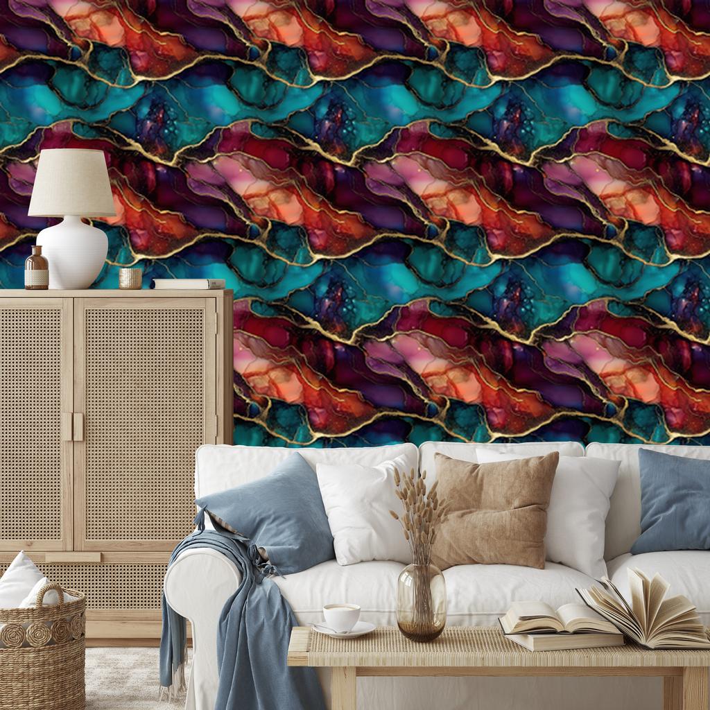 Ink Wallpaper Turquoise and Burgundy for Living Room and Bedroom 50x1000