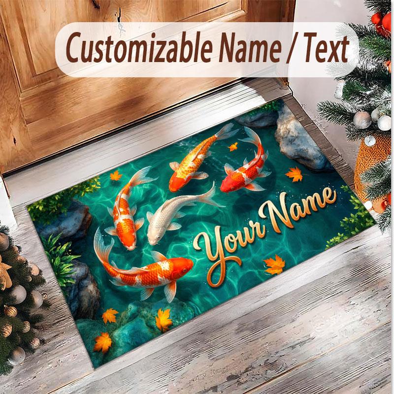 Koi Fish Theme Soft Crystal Velvet Rug Custom Name & Text Print Non Slip Floor Rug for Bedroom Living Room