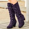 Women's Solid Color Chunky Heel Boots, Fashion Lace Up Dress Boots, Women's Comfortable Knee High Boots