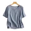 Новый ретро топ с V-образным вырезом однотонный из хлопка и льна для женщин тонкая приталенная футболка для женщин