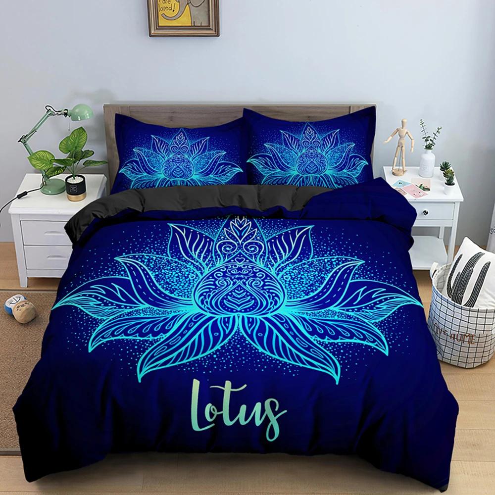 Комплект постельного белья из 2/3 предметов Bohemian Lotus, пододеяльник, пододеяльник с цветочным рисунком Mandala, черный полиэстер, комплект постельного белья для взрослых, размер Queen King Twin, подростков