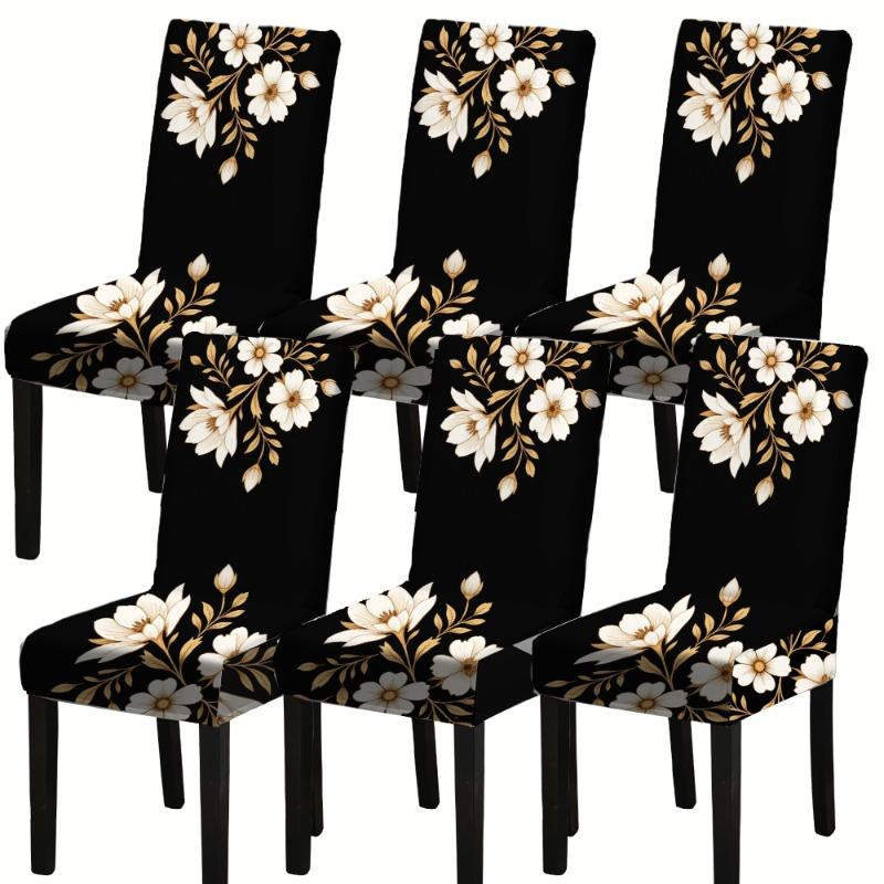 4/6 Pcs Black Floral Stretch Chair Covers Universal Seat Protectors Machine Washable Home Restaurant Dining Room Decor