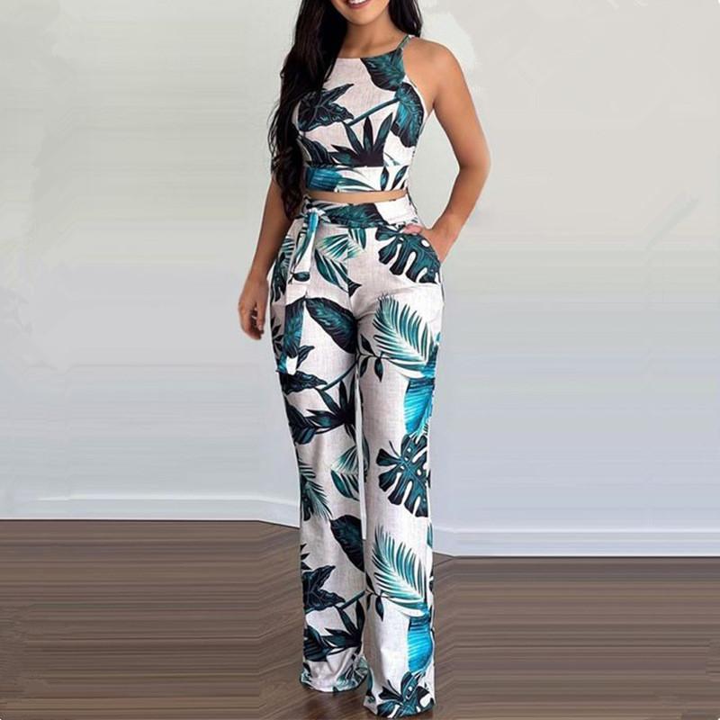 Женский повседневный летний комплект из двух предметов, пляжная одежда, укороченный топ с тропическим принтом листьев и широкие брюки с цветочным принтом, комплект