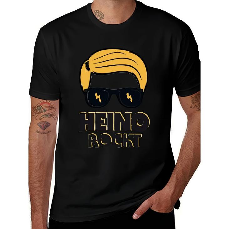 Черная мужская футболка Heino с золотым принтом HEINO ROCKT и стилизованным изображением лица - Идеально подходит для повседневной носки, вечеринок и круглый год