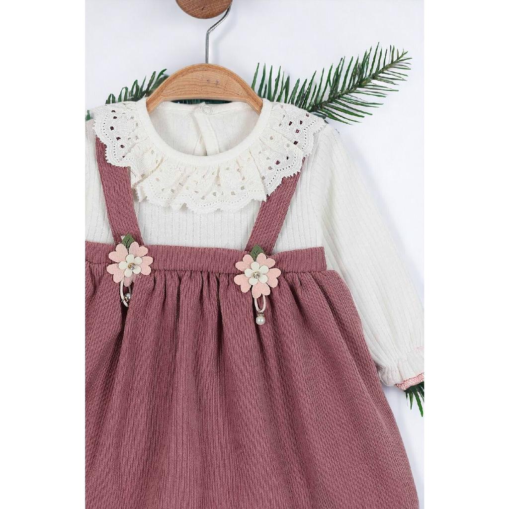 Baby Girl Vintage Lace Collar Salopet Ribbed Dress