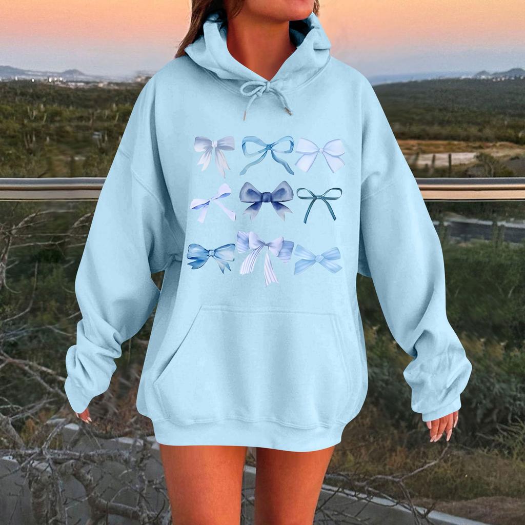 Женская весенняя флисовая толстовка с капюшоном и принтом в виде банта, с длинными рукавами