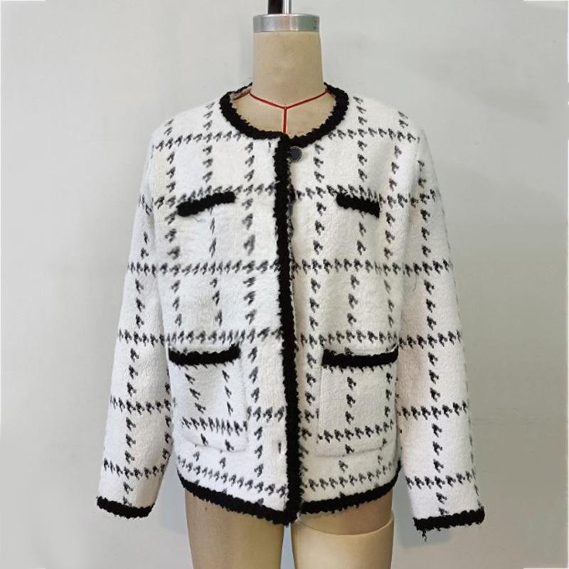 Осенне-зимняя мода круглый вырез карманы длинный рукав свободный твидовый женский кардиган куртка