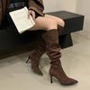 Mi Ting Long Legs Pointed Head High Heels Thin Boots Autumn and Winter Matte Suede Lapel Multi-way To Wear Knee Boots Women