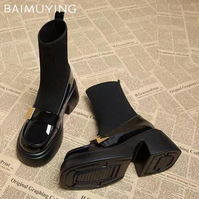 Женские зимние ботильоны на платформе, дизайнерская обувь на высоком каблуке, вязаные толстые носки, тренд 2024 года, зимние новые готические ботинки для женщин