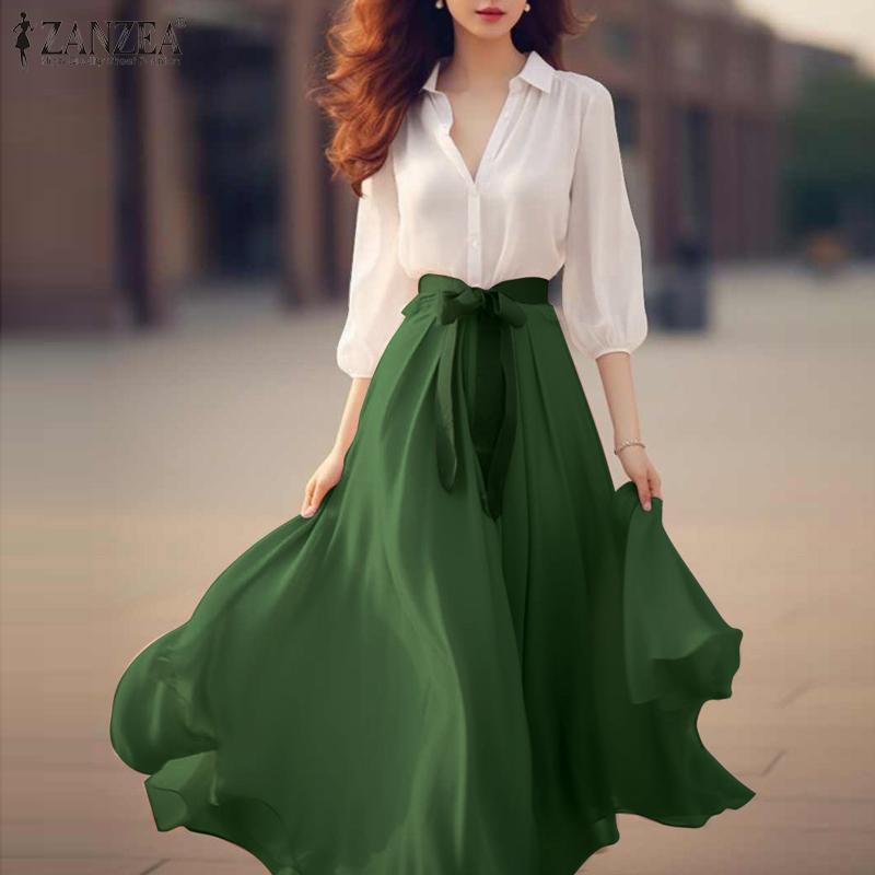 ZANZEA Women Vintage V-Neck 3/4 Sleeve Belt Waist A-Line Dresses