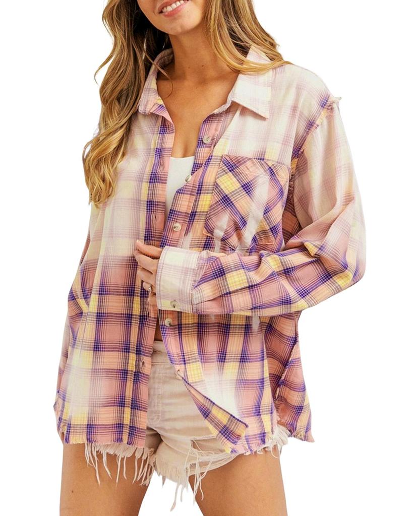 Azura Exchange Purple Bleached Plaid Print Exposed Seam Shirt