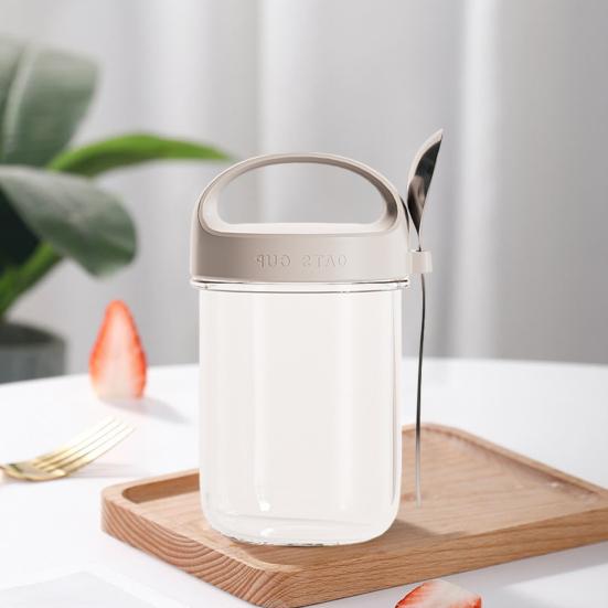 Стеклянная чашка для овсянки емкостью 430 мл с ложкой и крышкой. Герметичный контейнер для овсяных хлопьев без бисфенола-А на ночь для хлопьев, салатов, йогуртов. Банка для приготовления еды для здоровых завтраков.