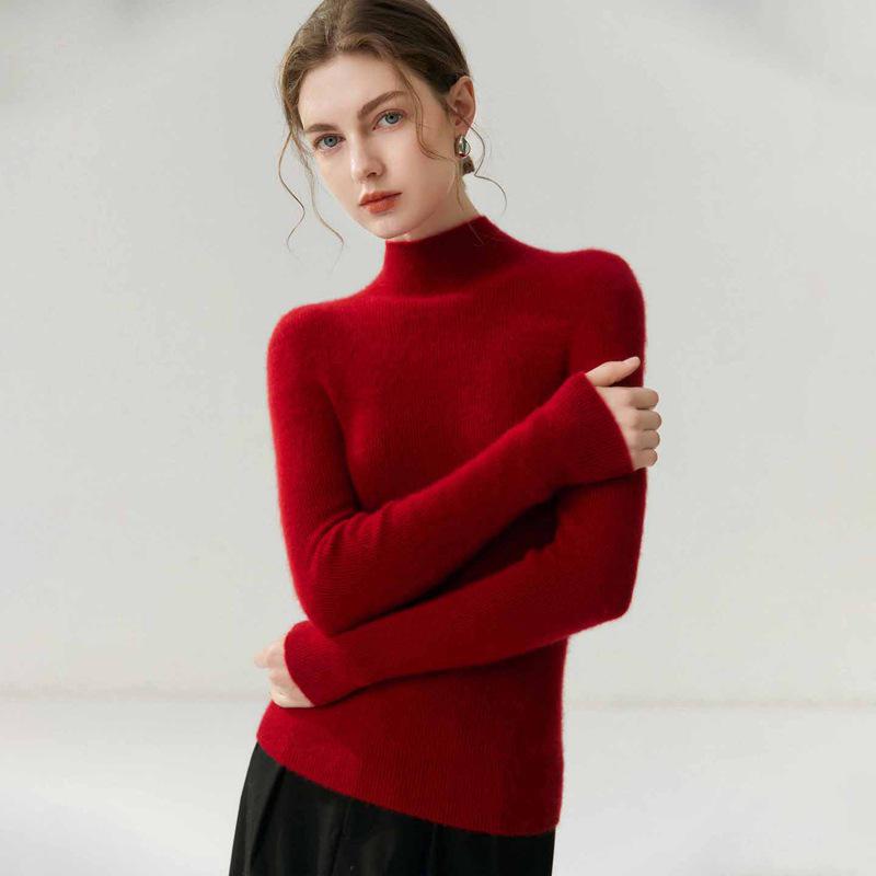 Women's Pure Cashmere Slim-Fit Sweater, Half-High Neck, Knit Base Layer, Autumn/Winter Collection