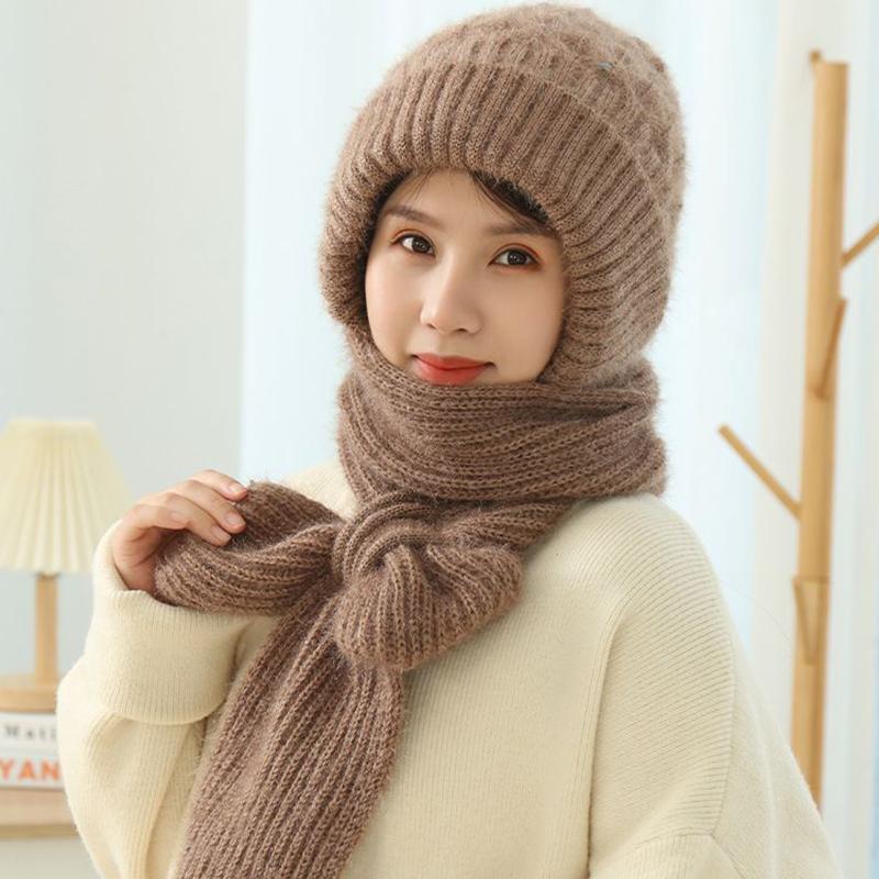 Women Plush Solid Color Knitted Woolen Hat Fleece Lined Beanie Caps Hat Scarf Set Thickened Winter
