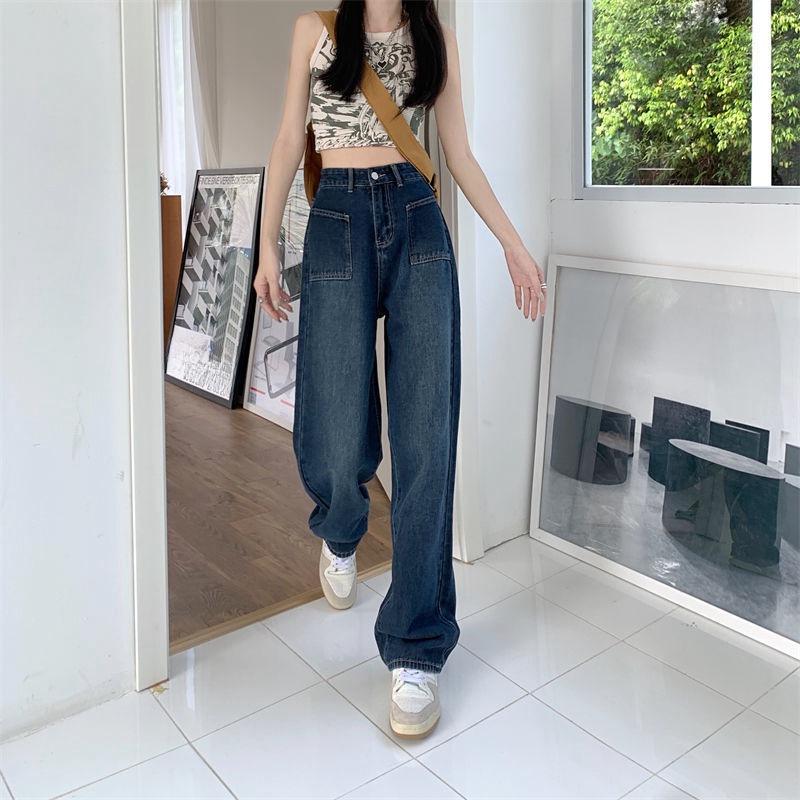 Женские широкие джинсы с высокой талией и большими карманами - корейский стиль