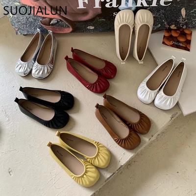 Мода SUOJIALUN 2025 Осень Женщины Новый Бренд Балетки Мода Плиссированные Неглубокие Слипоны Одинарная Обувь Мягкий Плоский Каблук Уличная Балетка