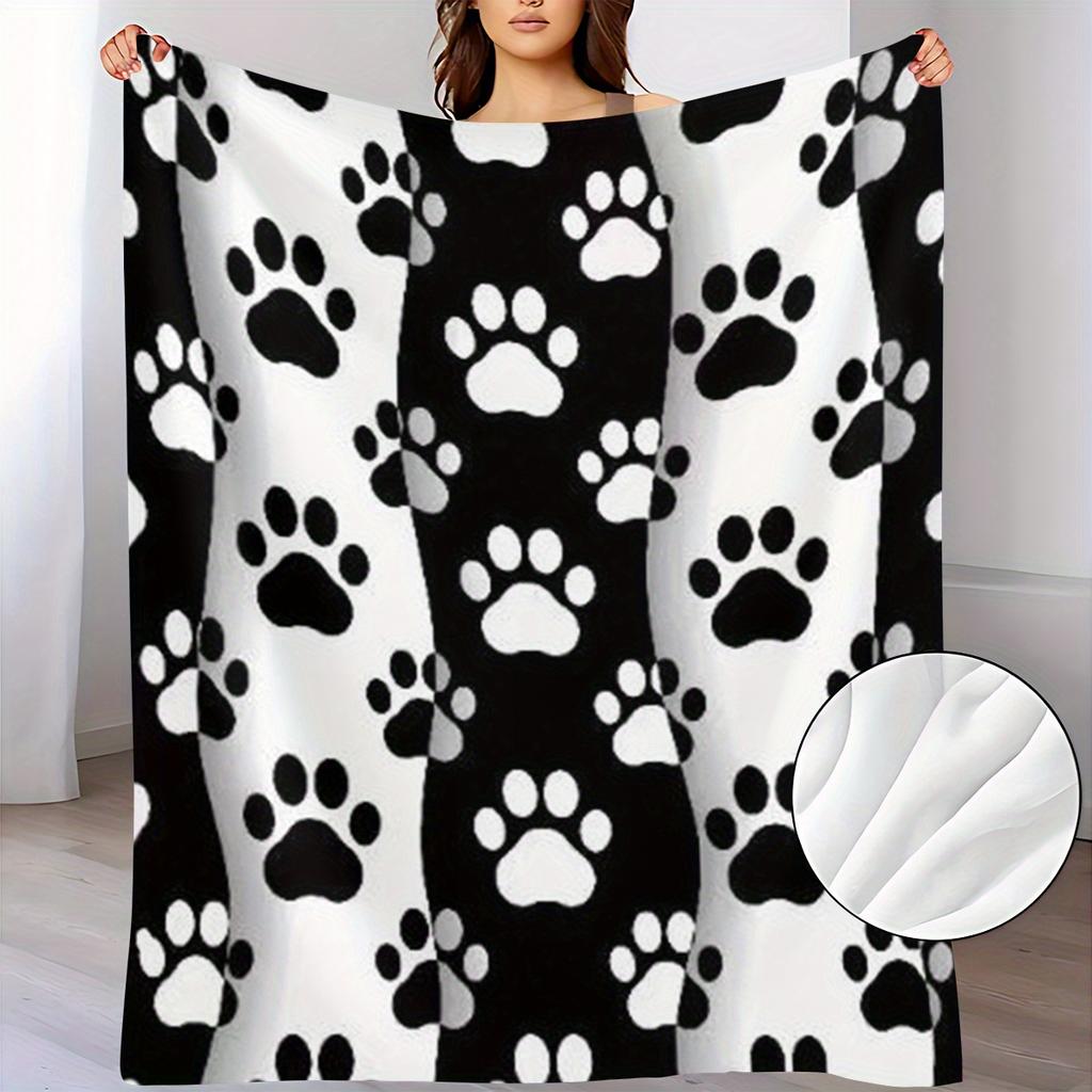 Black & White Paw Print Flannel Throw Blanket - Soft Warm All-Season Cozy Blanket for Sofa, Bed, Office, Camping & Travel - Cont