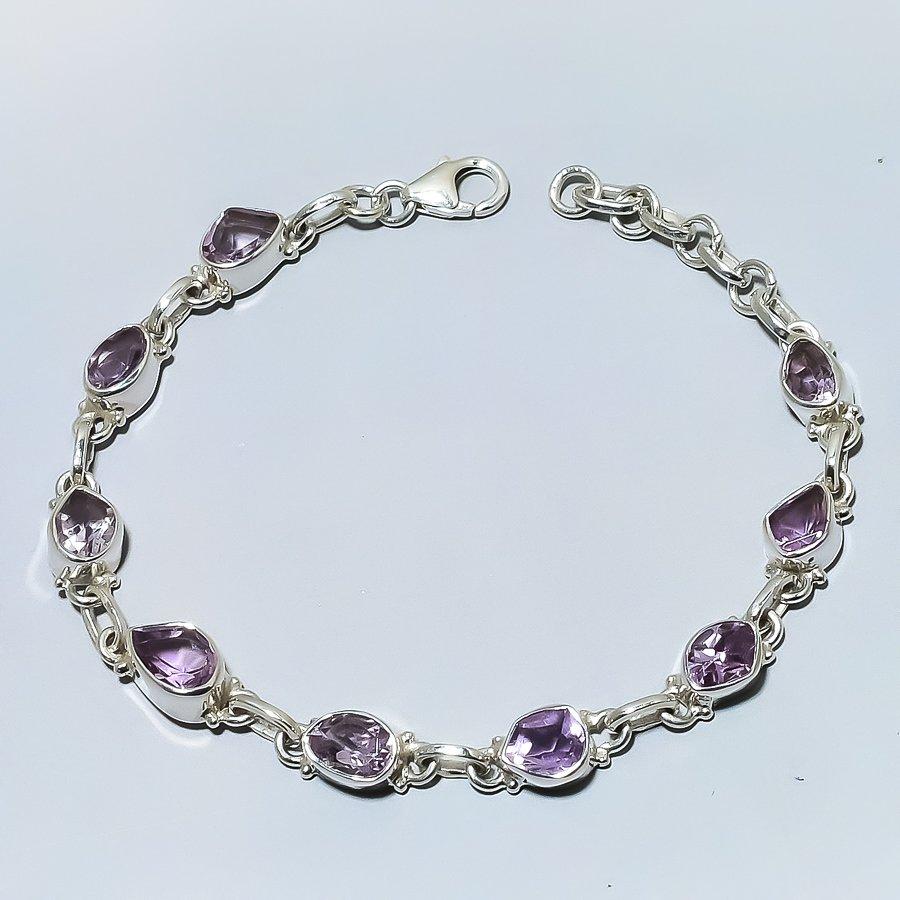 Natural Pink Amethyst Gemstone 925 Solid Sterling Silver Gift Bracelet 7-8" R5z28