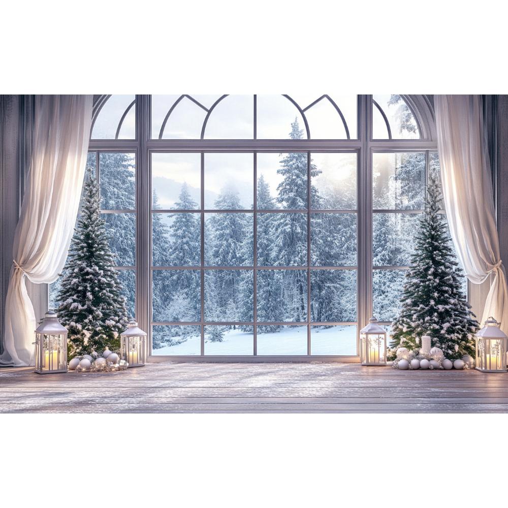 Christmas Winter Decoration Background Snow Window Forest Christmas Tree Photography Background 70.8*43.3 InchesPhoto Studio