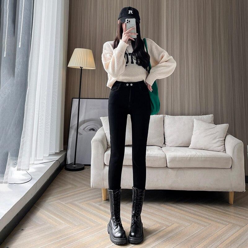 Осень-зима модные женские винтажные джинсы Харадзюку флисовые джинсы с высокой талией повседневные утолщенные теплые эластичные тонкие узкие джинсы уличная одежда