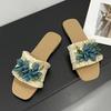 Модный дизайн Синие шнурки Бусины Женские шлепанцы на плоской подошве Уличные Уютные Квадратный открытый носок Повседневные шлепки Обувь Zapatos Mujer