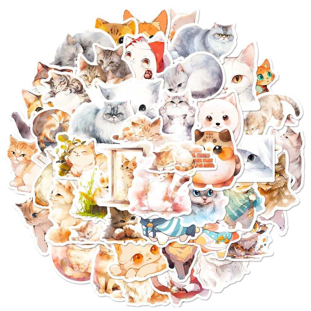 50 Watercolor Cat Stickers Cartoon Cute Cat Watercolor Stickers Decorative Suitcase Guitarist Account Book Stickers
