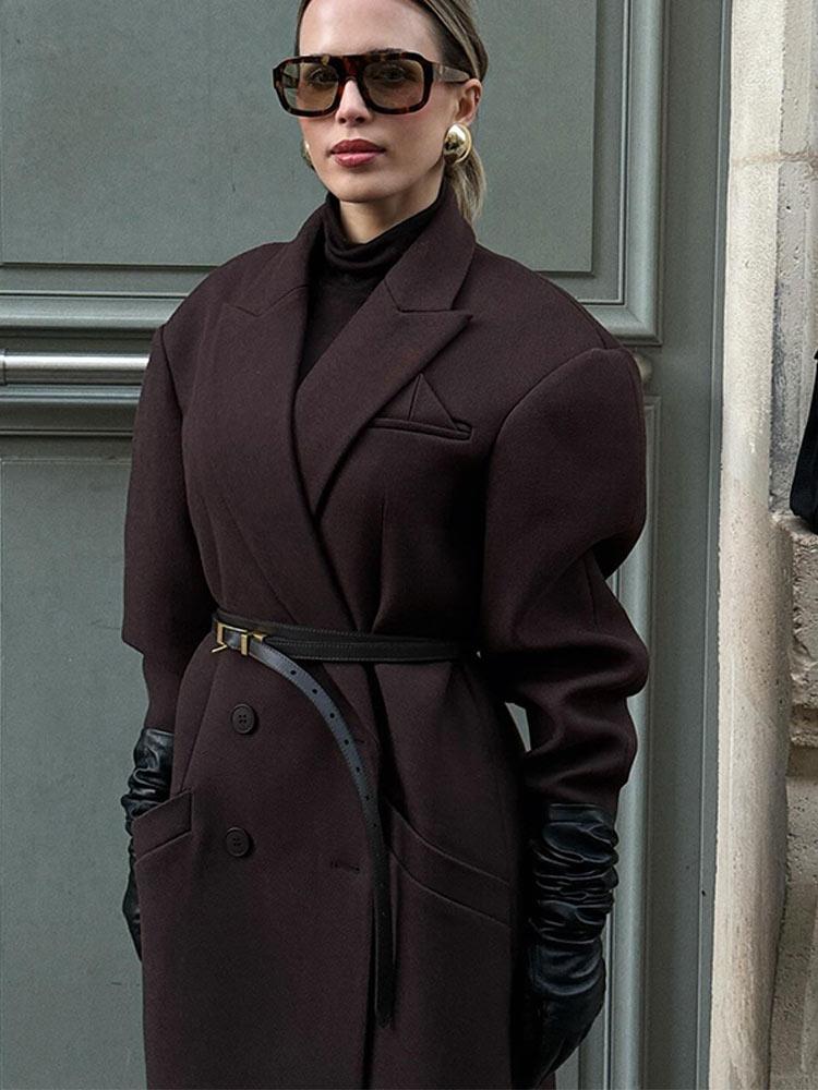 Элегантное шерстяное двубортное шерстяное пальто с лацканами для женщин с карманами и длинными рукавами 2024 года, повседневная осенняя новая женская уличная одежда