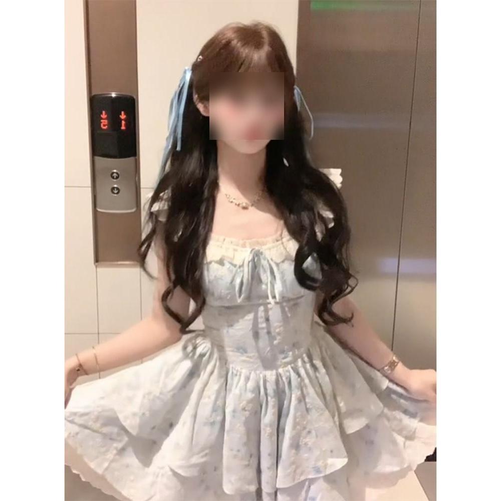 Соус СИСИ, вишневые плетеные цветочные перья, голубые нежные и милые маленькие летящие рукава, нежное цветочное платье принцессы с талией для женщин