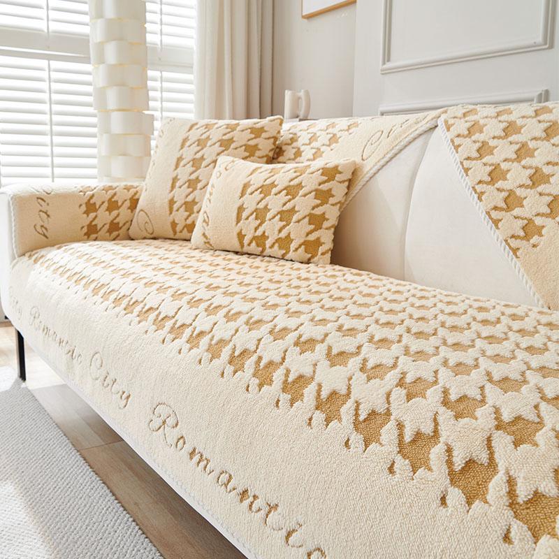 Осенне-зимняя плюшевая подушка для дивана, современный простой нескользящий кожаный чехол для дивана, модный универсальный чехол для дивана с рисунком «гусиные лапки», тканевое полотенце