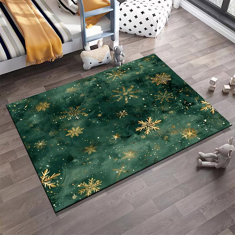 Golden Snowflakes on Green Background Rug Non-slip rug suitable for living room and bedroom sofas.
