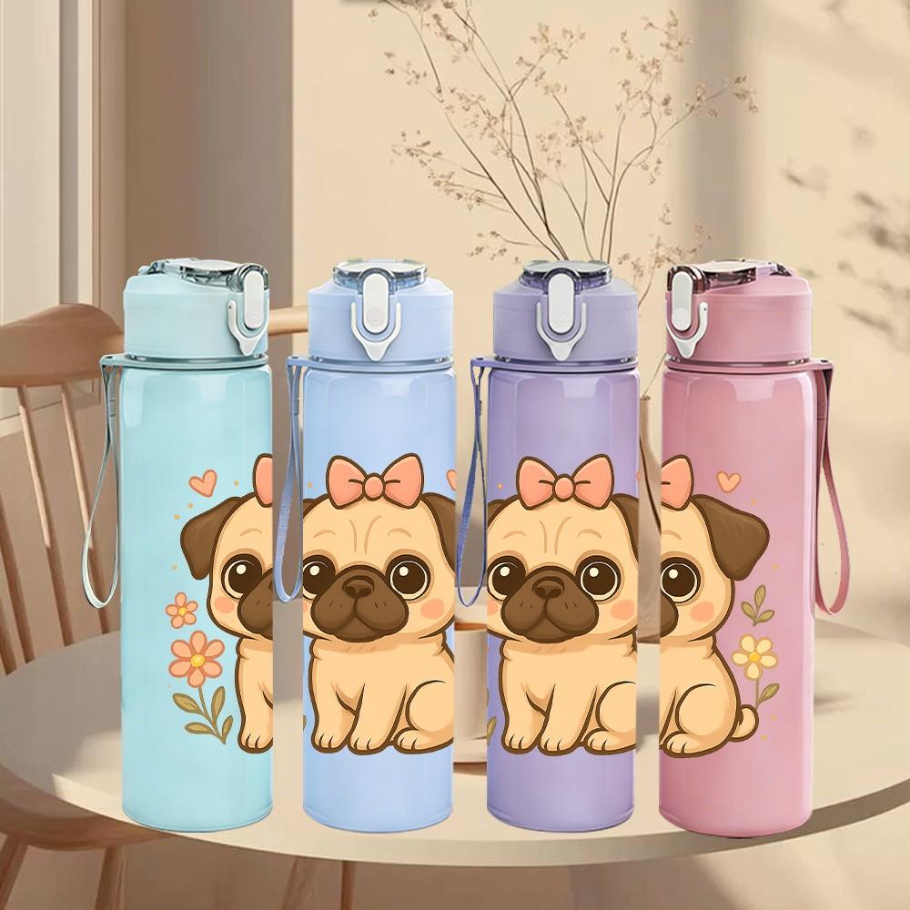 1PC Flower Bow Pug Puppy 750ml Color Plastic Sports Water Bottle Leakproof Flip Straw Lid Suitable for Sports Office Home Use