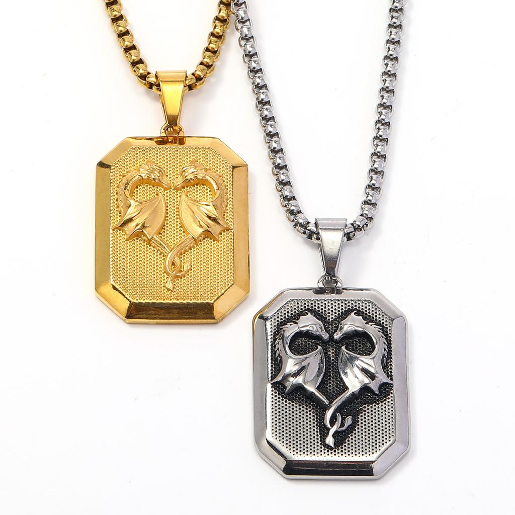 New Retro Punk Square Brand Double Dragon Titanium Steel Men's Pendant Ins Niche Fashion Street Trend Necklace