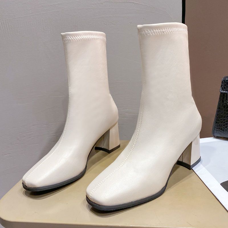 Footwear Elegant Heeled Ladies Boots Half High Shoes For Women Heels Mid Calf White Sale Stylish Offer Gothic New In On Pu