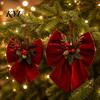 Burgundy Velvet Christmas Bows Bow, Red Hanging Bow Ornament with Decorative Holly Berries Pine Cones for Holiday Tree Wreath Home Door Decor Elegant