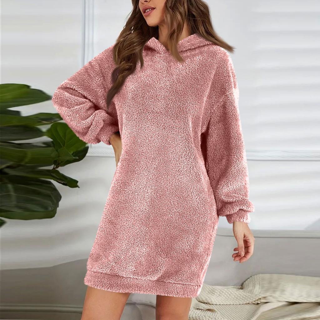 Женское модное однотонное плюшевое платье с капюшоном и длинными рукавами, свободная повседневная толстовка