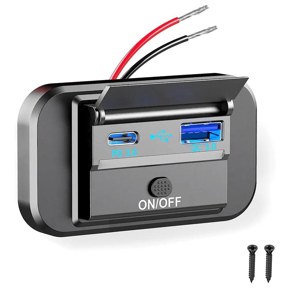 Розетка автомобильного зарядного устройства 12В-24В PD 30Вт и QC 3.0 18Вт USB C с двумя портами, панель гнезда быстрой зарядки с кнопочным переключателем для RV, лодки, автомобиля