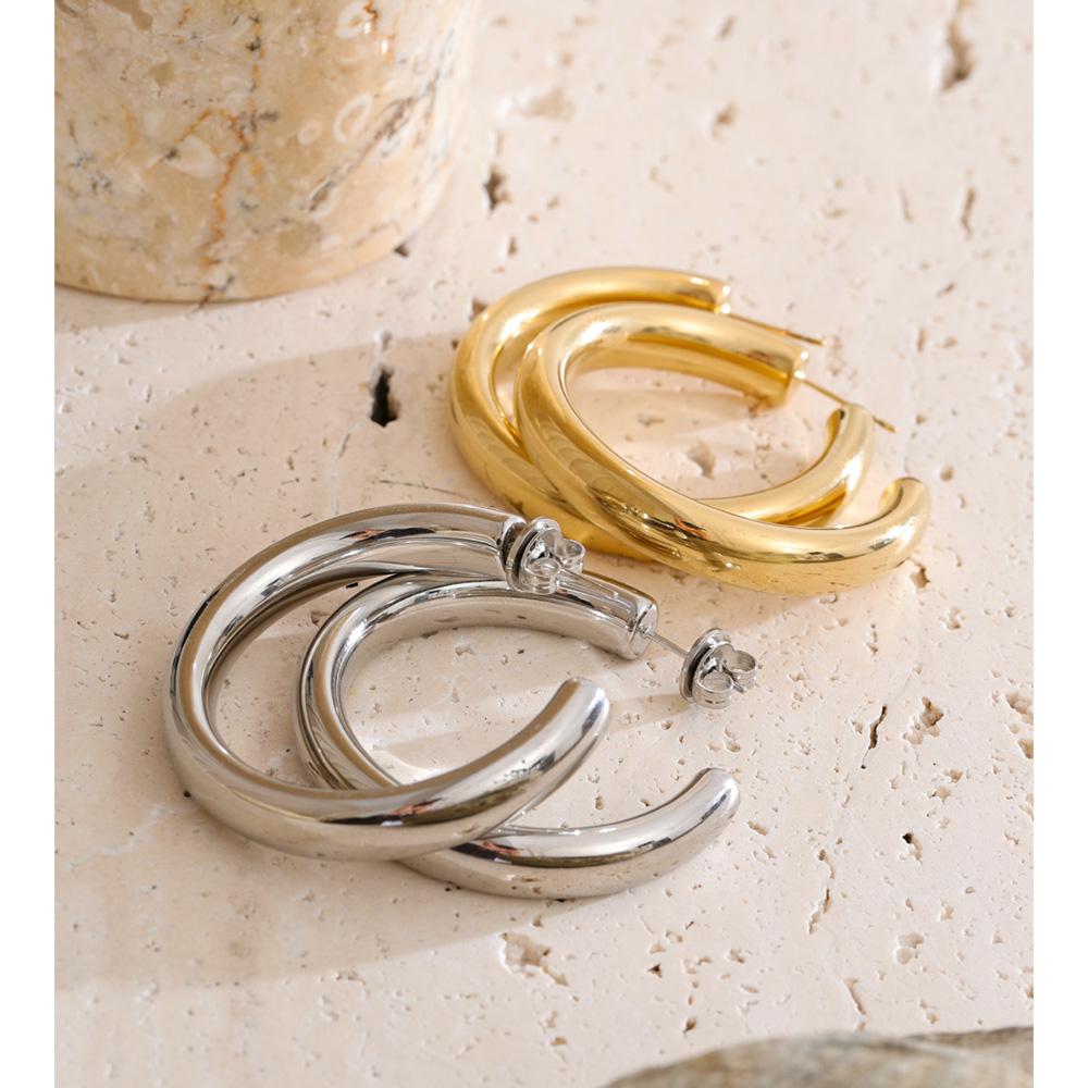 Yhpup 40mm Anti-allergy Stainless Steel C Shape Round Daily Metal Shiny Hoop Earrings Minimalist High Quality Waterproof Jewelry