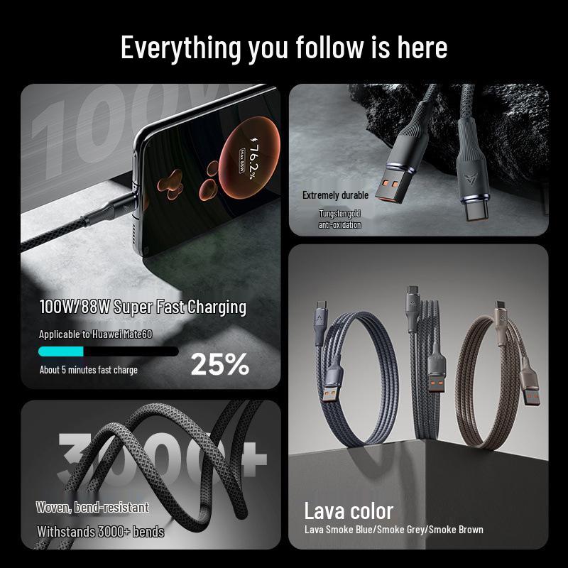 Кабель Type-C 3,6 м 6 А 120 Вт с супербыстрой зарядкой в плетеной оплетке для Huawei
