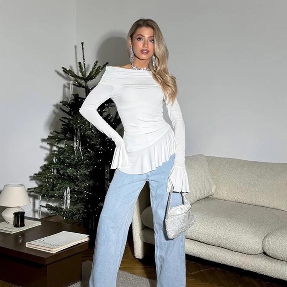 2025 Осень Футболка с открытыми плечами, оборками и длинными рукавами, приталенная