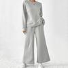 2 Pcs/Set Women Top Pants Suit Round Neck Long Sleeves Textured Solid Color Sweatshirt Elastic Waist Wide Leg Trousers Daily Wear Sport Outfit