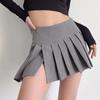 Split Pleated Skirt Women Summer High Waist A-line Slim Mini Skirt Grey Preppy Tennis Vintage Korean Casual