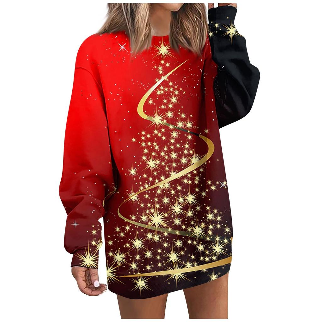 Ladies Casual Fashion Round Neck Christmas Print Long Sleeve Dress